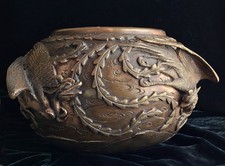 Japanese Meiji Bronze Hibachi Jardiniere Planter Bowl High Relief Phoenixes picture