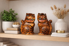 Handmade Korean Folk Art Wooden Tiger Home Decor Sculpture Set of 2 Gift picture