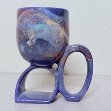 Signed Z Studio Art Pottery Mug Postmodern Purple Abstract Pedestal 7in Blue picture