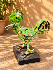 Green Metal Rooster Sculpture Rustic Distressed Chicken Farmhouse Table Decor picture
