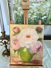 Original Vintage Morning Light Peony Still Life Oil Painting with impasto-8