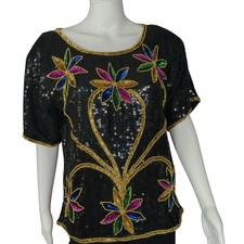 Night Vogue Black Sequin Beaded Silk Top Colorful Floral Design Medium picture