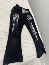 Hellstar Men's Black Graphic Logo Flared Sweatpants Drawstring Pockets S picture