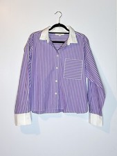 LOFT Womens Boxy Striped Cotton Long Sleeve Button Down L Purple White Preppy picture