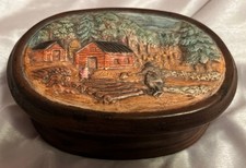 VTG Rustic Ceramic Trinket Box Featuring Log Cabins And Pine Trees picture