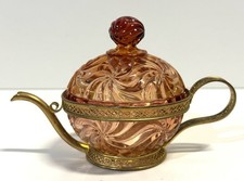 Antique Baccarat France Glass And Gilt Ormolu Teapot Form Vanity Dresser Jar Box picture