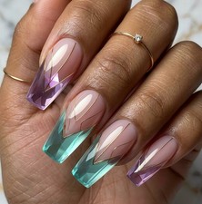 Blue Amethyst Press On Nails Medium Length French Sweet Cool Glue On False Nails picture