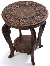 Woodify Side Table Hand-Carved Mango Wood – 18x22 Rustic 4 Legs 18x22, Burnt picture