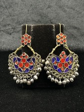 Vintage Tribal Banjara Kochi Afghan Brass Earrings With Multi Color Glass  picture