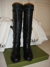 CHLOE Paddington Buckle Flat Tall Equestrian Boot Black Leather EUC  37-US7 picture
