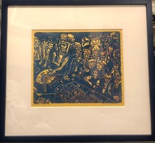 FINE ORIGINAL BLOCK PRINT BY GERMAN AMERICAN “ ROULETTE PLAYERS” SIGNED NUMBERED picture