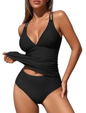ZAFUL Women's Black Tankini Swimsuits V Neck Push Up Swim Top Solid Color XL picture