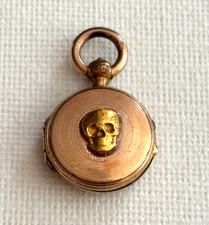 Antique Victorian Memento Mori 19th C Skull Gold Plated Snuff/Pill Box Pendant picture