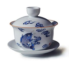 Porcelain Gaiwan 7oz Teaup Jumping Fish White Glazed Tureen Chinese Sancai Co... picture