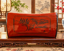 Antique Chinese Red Lacquered Wood Opium Pillow With Landscape Painting picture