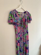 Vintage 1970s Arnel Maxi Dress S Long Floral Purple Green V-Neck Flutter Bow picture