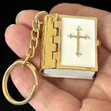 Vintage Bible Keychain Micro White Enamel Actual Full Print NRSV picture