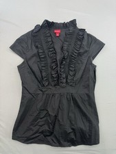 Merona Shirt Womens Small Black Ruffle V Neck Short Sleeve Blouse Top Cotton picture
