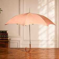 Nice Vintage Mid Century Luxury Nylon Umbrella Wood Crook Handle  picture