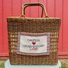 Vintage Woven Wicker Craft Tote Bag Cross-Stitch Lover Pocket F 14.5x8x13 picture