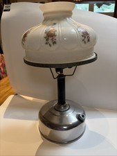 Antique Leacock  Coleman Quick-Lite Table Lamp Floral Milk Glass Shade Stainless picture