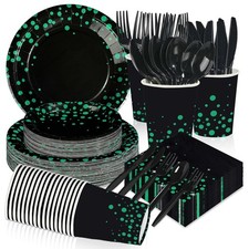 350 PCS Green & Black Polka Dot Party Tableware Set Serves 50 picture
