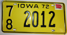 Vintage 1972 Iowa License Plate 78-2012 Yellow Black w/ 1974 Decal Sticker picture