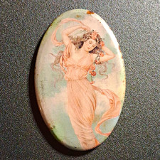 Vintage Oval Pocket Hand Mirror Art Nouveau Woman Illustration, Multicolor picture