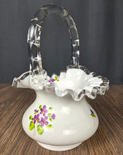 Fenton Glass hand painted Violets in the Snow, handled basket silver crest 7.5