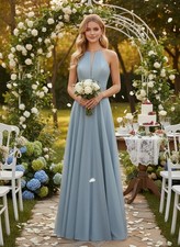 Long Shimmer Stretch Blue or Pink Dress High Neck Keyhole Formal Gown Holiday picture