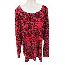 Peruvian Connection Scroll Print Tunic Top XL Red Black Long Sleeve Boho Goth picture