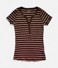 Y2K Hollister Women’s Brown & Light Pink Striped Henley Short Sleeve Top Size S picture