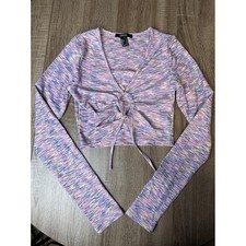 Forever 21 Space Dye Crop Top Long Sleeve V-Neck O-Ring Tie Purple Small T13940 picture
