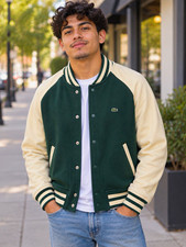 Lacoste Green & Cream Varsity Jacket Snap Front Logo Pockets Short picture