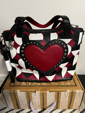 Brighton Small Tote Hearts Studded Black/White/Red Zip w/ Strap limited edition picture