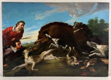 Antique Frans Snyders Oil Painting Landscape Boar Hunt Dogs Dutch Man 17th C. picture