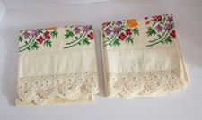 (2) Vtg Hand Embroidered Pillowcases With Crocheted Lace Trim-LN picture