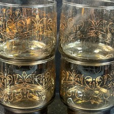 Libbey Tawny Accent Rocks Glasses Set of 4 Gold Filigree Smoke Brown Vintage MCM picture