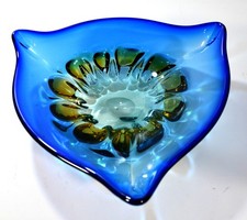 Vintage Murano Style Art Glass Bowl Blue Amber Mid-Century Modern Triangle Shape picture