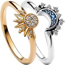 2pcs Couple Ring Set Sky Blue Sparkling Moon and Sun Ring Stackable Finger Set picture