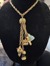 Florenza Signed Gold-Tone Rope Chain Charm Dangle Necklace Blue Carved 18 in picture