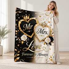 Mr And Mrs Forever Love Coral Fleece Blanket Gold Hearts Decor picture