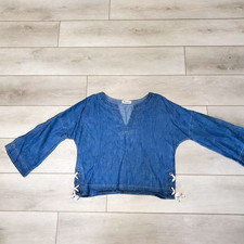 Madewell Women’s Blue Denim V-Neck Lace-Up Side Flared Long Sleeve Blouse S boho picture