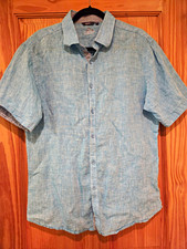 BOHIO Mens L Blue 100% Linen Short Sleeve Button-Up Shirt Coastal Resort wear picture