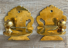 PAIR ANTIQUE BRASS FIRESIDE JAMB HOOKS TOOL REST picture