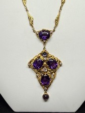 22k Gold Art Nouveau Vintage Necklace  Oval Buff Top Amethyst And Diamond picture