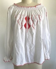 Vintage Peasant Blouse Red + White Hand Embroidered Boho Bohemian Hippie - M picture
