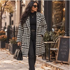 Ashley Stewart Houndstooth Wool Blend Coat Black White Plus Size 18/20 Notched picture