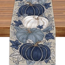 Fall Thanksgiving Table Runner Blue Vintage Pumpkin Maple Leaf Decorative | Autu picture
