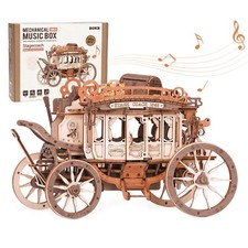 ROKR 3D Wooden Puzzle Stagecoach Music Box Mechanical Model Kits DIY Xmas Gifts picture